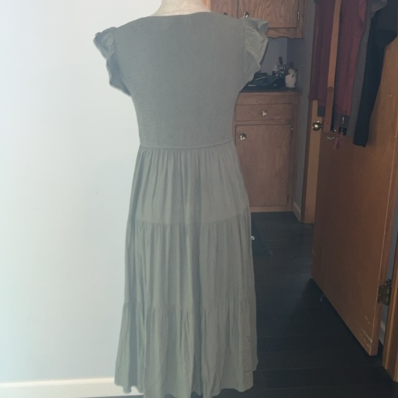 MEROKEETY Flutter Sleeve Smocked Midi Dress V Neck Casual Tiered w/ Pockets - Picture 3 of 9